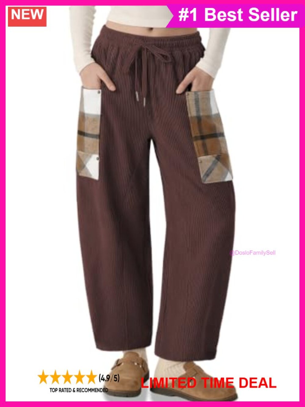 Ribbed Corduroy Barrel Pants Wide Leg Plaid Patchwork Baggy Trousers